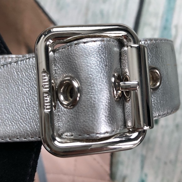 Miu Miu 38.5 Mary Jane pump heels silver grey leather suede buckle luxury Italy - Picture 9 of 9